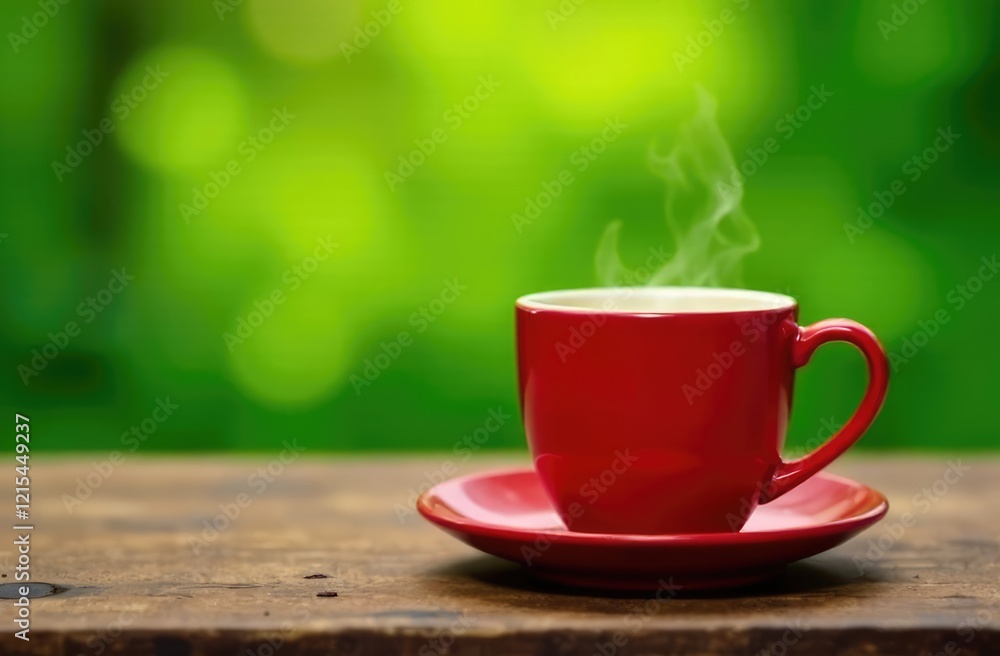 Obraz premium hot coffee in red mug on wooden table against green nature background
