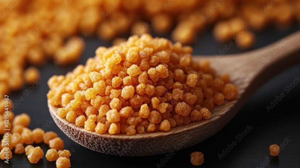 Orange grain scoop, dark background, close-up, food photography Orange grain scoop, dark background, close-up, food photography
