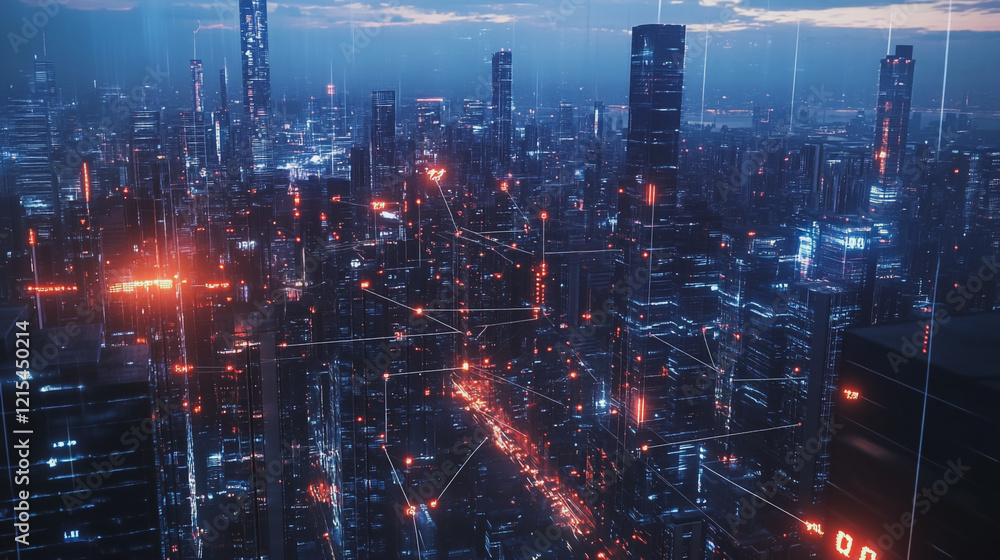 Fototapeta premium Smart digital Innovation city with connection network reciprocity over the twilight cityscape. of future smart wireless digital city and social media networking systems that connects people with city
