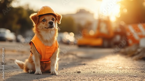 Adorable dog in construction outfit beside machinery
