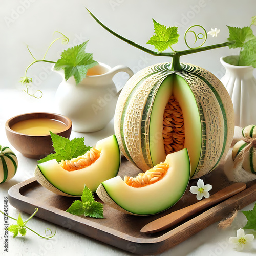 Green cantaloupe melon and leaves on isolated on white
 photo