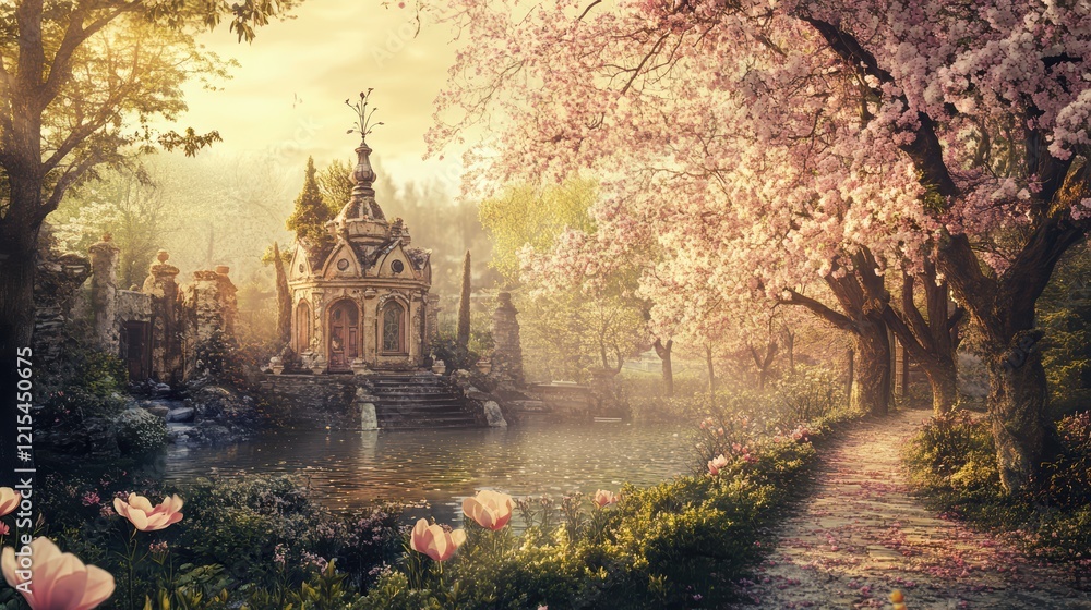 Enchanting spring landscape with rustic pavilion and blossom trees by tranquil lake Enchanting spring landscape with rustic pavilion and blossom trees by tranquil lake