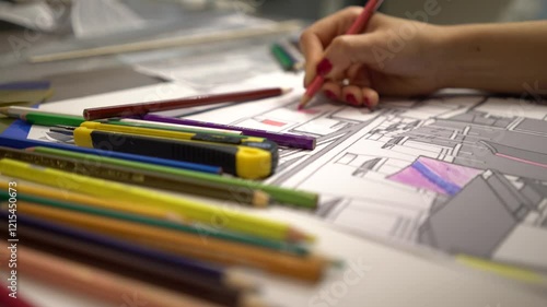 A creative woman sketching and designing in a well-lit workspace with colorful markers and papers.Ideal for concepts of creativity, design, art, focus, ideas to life. photo