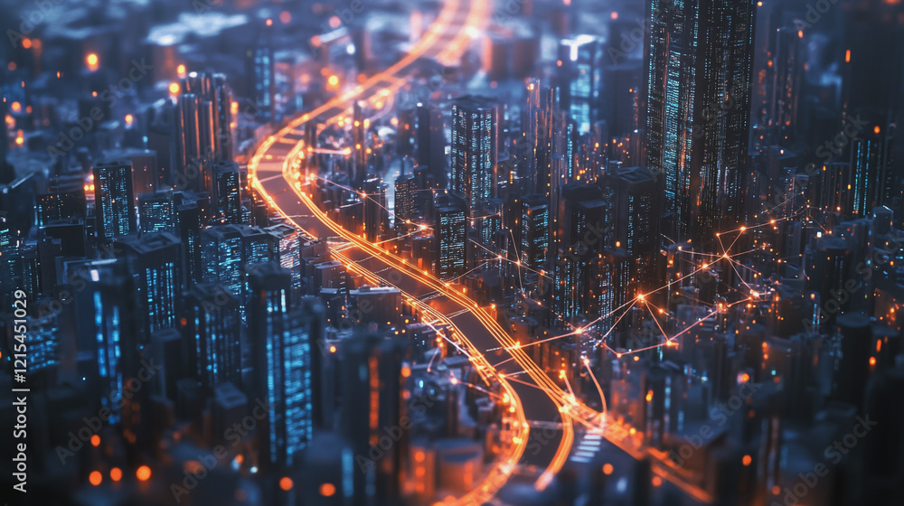 Smart digital Innovation city with connection network reciprocity over the twilight cityscape. of future smart wireless digital city and social media networking systems that connects people with city Smart digital Innovation city with connection network reciprocity over the twilight cityscape. of future smart wireless digital city and social media networking systems that connects people with city