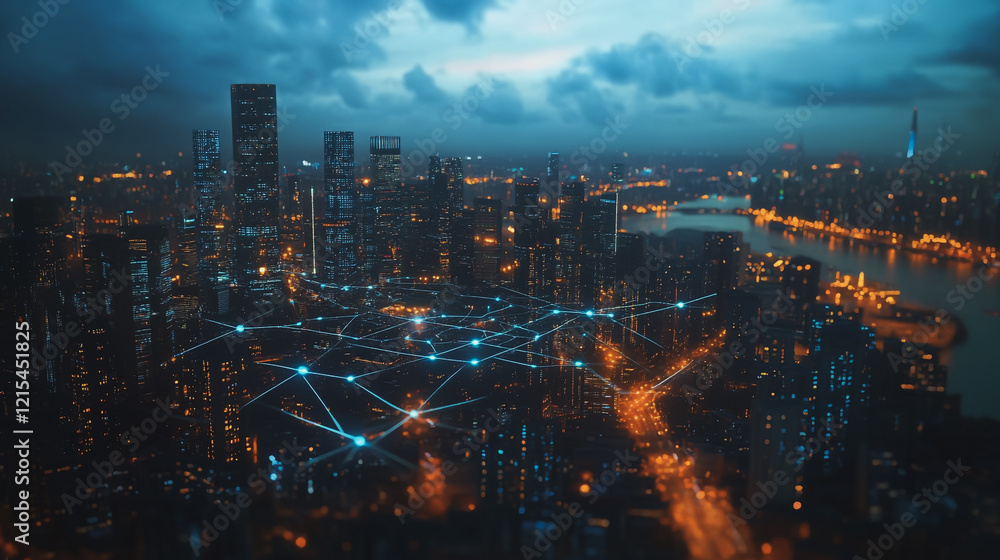 Smart digital Innovation city with connection network reciprocity over the twilight cityscape. of future smart wireless digital city and social media networking systems that connects people with city