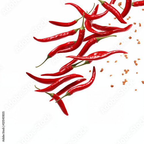 Flying falling red chili peppers isolated on white background