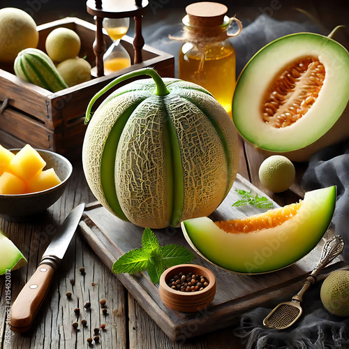 Green cantaloupe melon and leaves on isolated on white
 photo