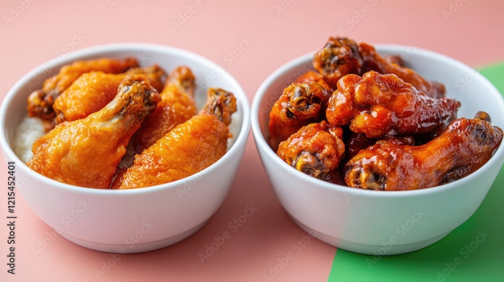 Two bowls of crispy and glazed chicken wings on colored background Two bowls of crispy and glazed chicken wings on colored background