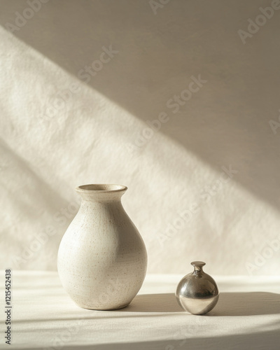 Minimalist ceramic and metallic vases in soft natural light still life