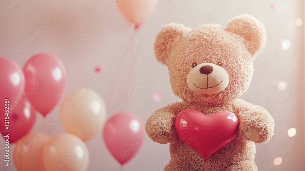 Cute bear holding heart amid pink and white balloons, evoking Valentine's Day feel Cute bear holding heart amid pink and white balloons, evoking Valentine's Day feel