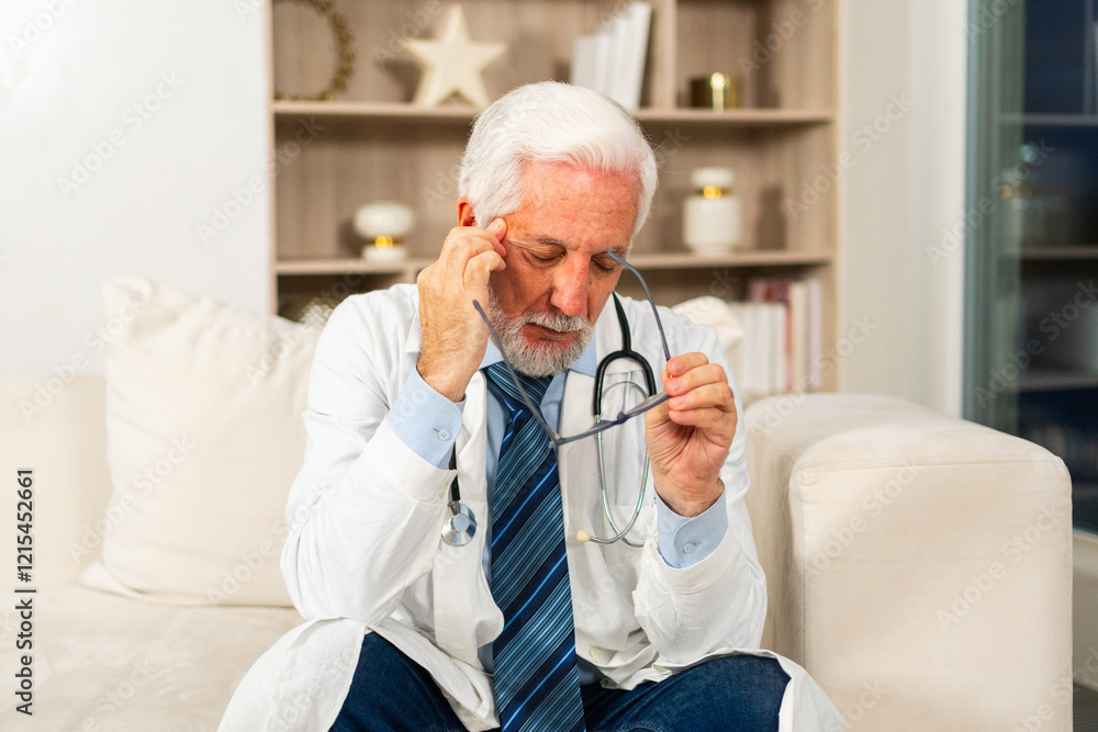 Sad tired mature senior male doctor in medical uniform in hospital or doctor office. Unhappy General Practitioner GP therapist professional healthcare expert in clinic. Healthcare concept Sad tired mature senior male doctor in medical uniform in hospital or doctor office. Unhappy General Practitioner GP therapist professional healthcare expert in clinic. Healthcare concept