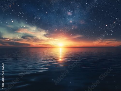 A captivating sunset over the sea, with stars beginning to shine brightly in the darkening sky. The calm water mirrors the starry sky above, creating a serene and surreal reflection.