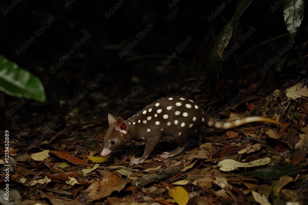 A spotted quoll with distinctive spots, hunting among fallen leaves in a temperate rainforest in Tasmania. A spotted quoll with distinctive spots, hunting among fallen leaves in a temperate rainforest in Tasmania.