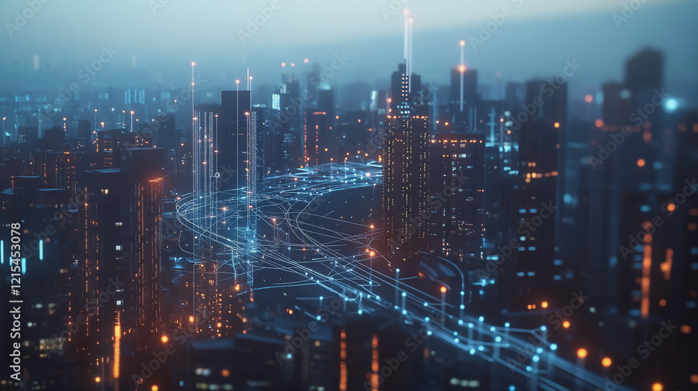 Fototapeta premium Smart digital Innovation city with connection network reciprocity over the twilight cityscape. of future smart wireless digital city and social media networking systems that connects people with city