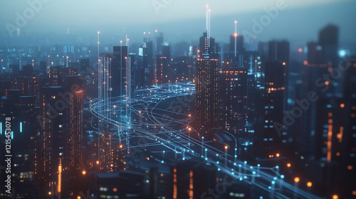 Wallpaper Mural Smart digital Innovation city with connection network reciprocity over the twilight cityscape. of future smart wireless digital city and social media networking systems that connects people with city Torontodigital.ca