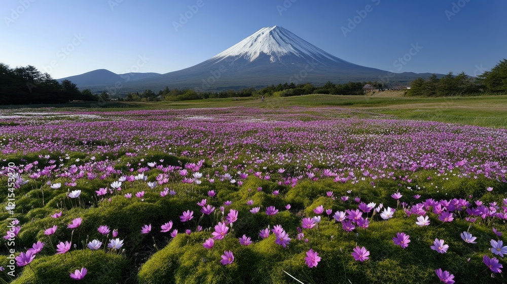 Mount Fuji surrounded by vibrant wildflowers on a sunny day showcasing nature's beauty in full bloom Mount Fuji surrounded by vibrant wildflowers on a sunny day showcasing nature's beauty in full bloom