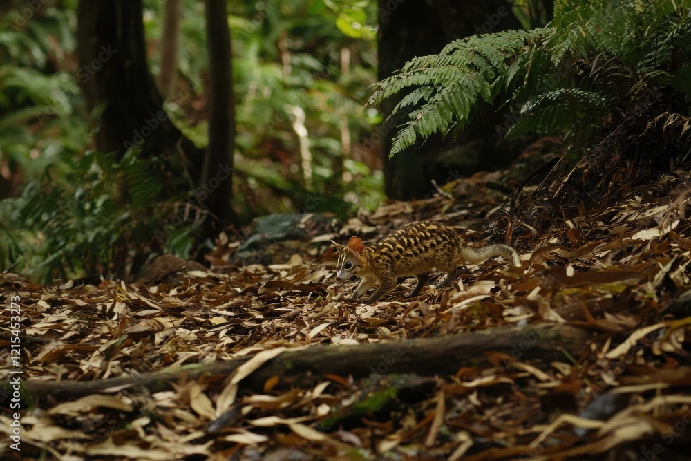 A spotted quoll with distinctive spots, hunting among fallen leaves in a temperate rainforest in Tasmania. A spotted quoll with distinctive spots, hunting among fallen leaves in a temperate rainforest in Tasmania.