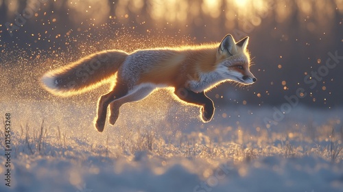 Red fox leaping, sunset snow, winter wildlife photo