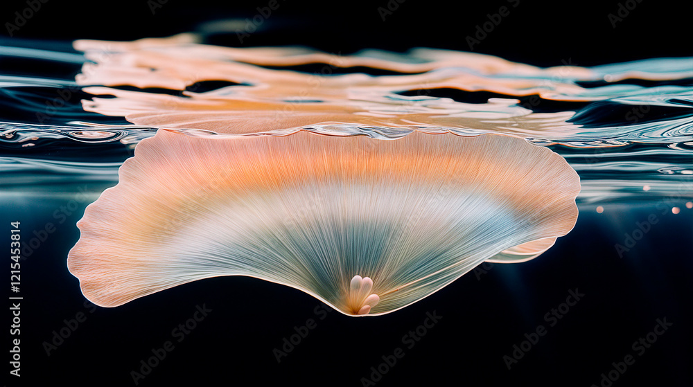 Delicate flower petal floating on water with soft reflections and a dark background
Delicate flower petal floating on water with soft reflections and a dark background