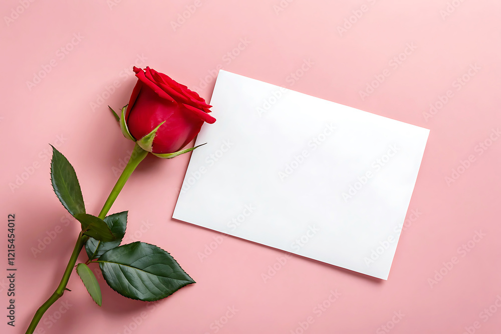 Fototapeta premium Red Rose and Blank Card Mockup for Romantic Messages.