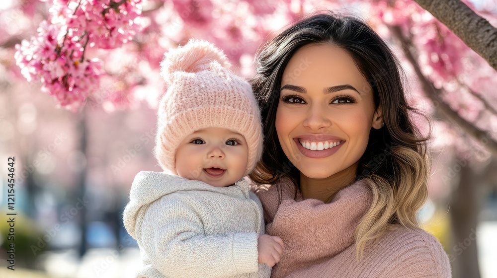 Mother and baby enjoying a sunny day under cherry blossom trees in full bloom while smiling and creating lasting memories together Mother and baby enjoying a sunny day under cherry blossom trees in full bloom while smiling and creating lasting memories together