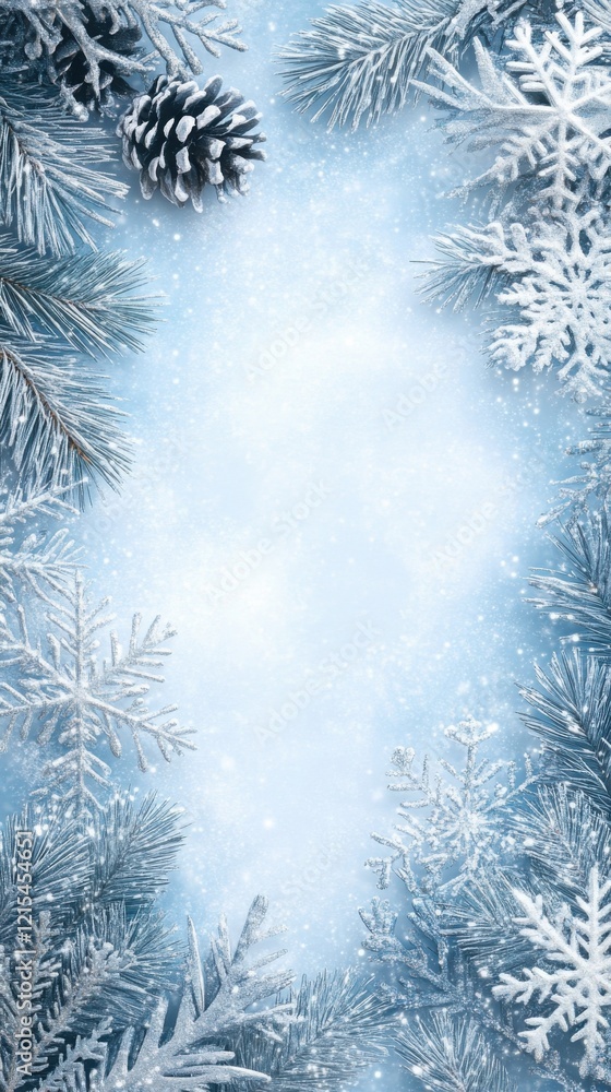 Winter landscape featuring snowflakes and frosted pine branches creating a serene seasonal atmosphere Winter landscape featuring snowflakes and frosted pine branches creating a serene seasonal atmosphere
