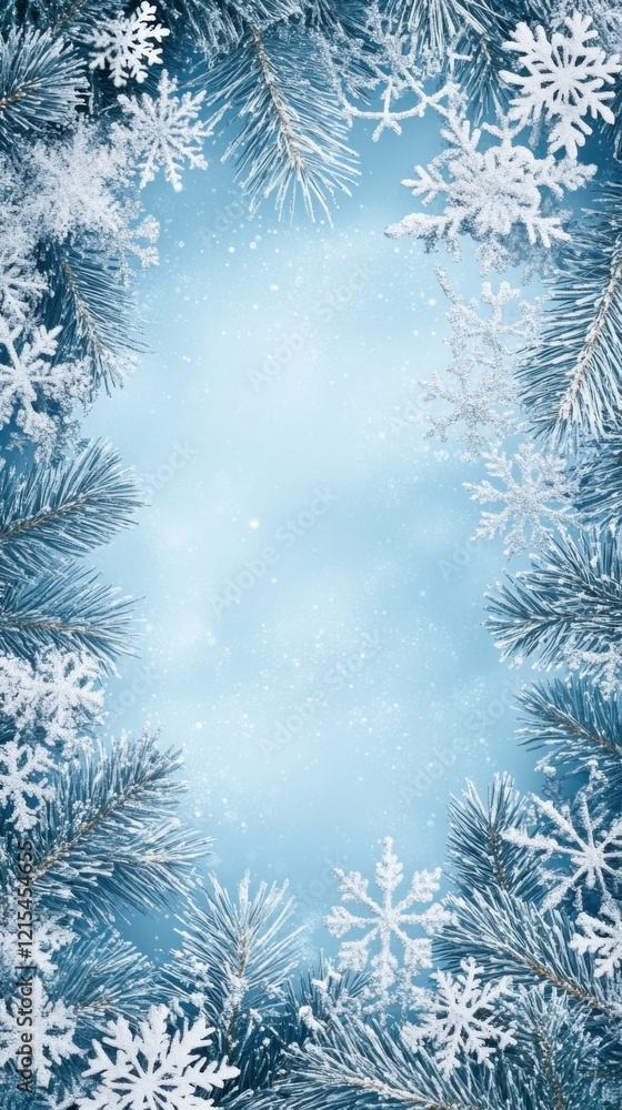 Winter wonderland background featuring pine branches and snowflakes on a soft blue backdrop Winter wonderland background featuring pine branches and snowflakes on a soft blue backdrop