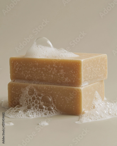 Close-up of two soap bars with foamy bubbles on neutral background