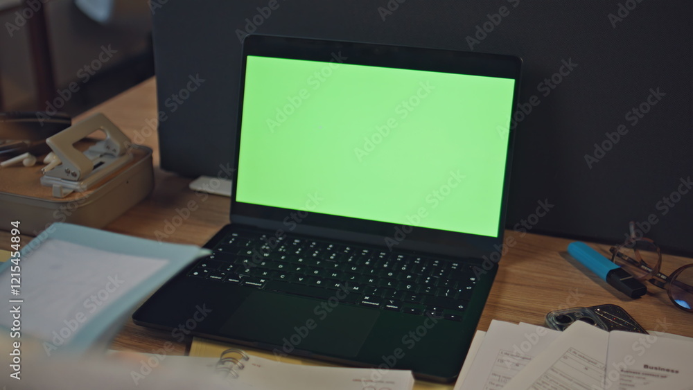 Fototapeta premium Manager hands typing mockup laptop examining documents at late workdesk closeup