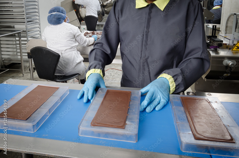 A meticulous chocolate bar production process, highlighting precision and care as workers handle each mold to ensure consistent quality and a premium chocolate experience. A meticulous chocolate bar production process, highlighting precision and care as workers handle each mold to ensure consistent quality and a premium chocolate experience.