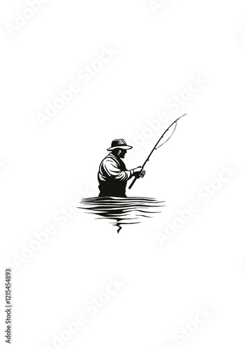 Black and White Vector Illustration of a Fisherman Silhouette Standing in Water with Fishing Rod in Hand