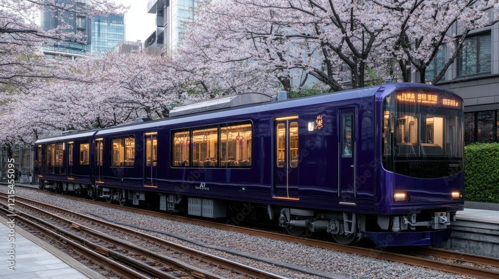 Fototapeta premium Purple train travels along tracks lined with cherry blossom trees in an urban setting during springtime