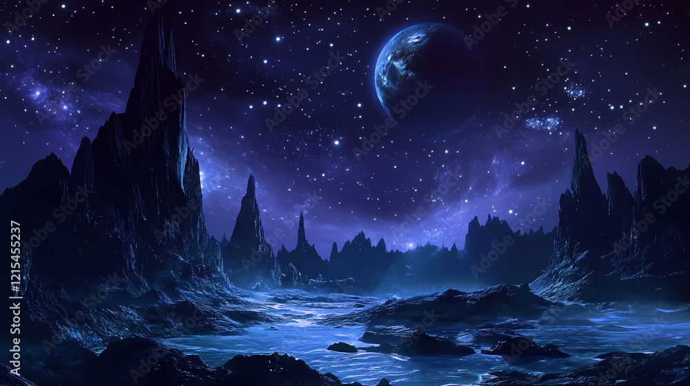 Fototapeta premium A nighttime view of a blue, rocky, extraterrestrial landscape with a distant planet and stars, 2d cartoon for game background and cartoon cover book. Celestial Spire. Illustration