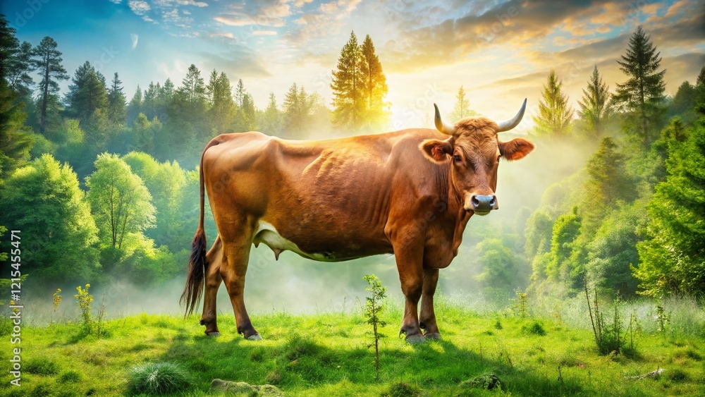 Serene Brown Cow in Pastoral Landscape: Double Exposure Stock Photo Serene Brown Cow in Pastoral Landscape: Double Exposure Stock Photo