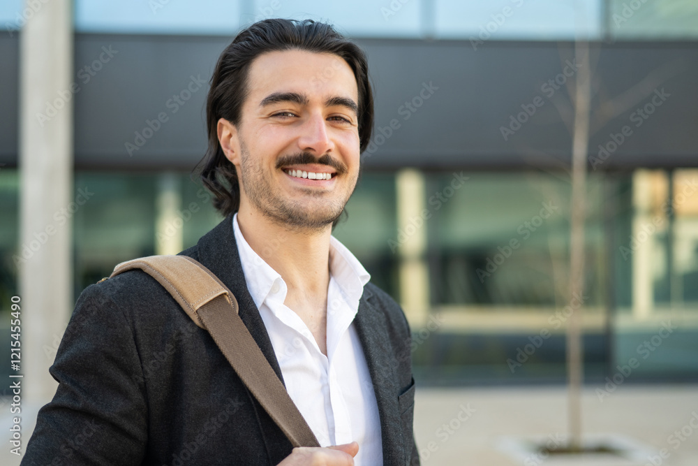 Cheerful Businessman Standing Outside Modern Office Building In Urban Setting On A Sunny Day, Wearing Formal Attire, Smiling And Looking Confident In Corporate Environment Cheerful Businessman Standing Outside Modern Office Building In Urban Setting On A Sunny Day, Wearing Formal Attire, Smiling And Looking Confident In Corporate Environment