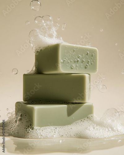 Stacked green soap bars with bubbles on beige background