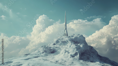 Atop a mountain's lofty height, where the heavens beckon, a sacred temple stands, its spire pointed towards the celestial realm. Celestial Spire. Illustration
