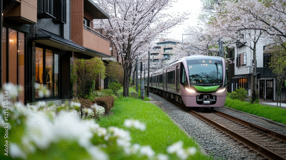 Naklejka premium A vibrant green train glides gracefully along a track adorned with blooming cherry blossoms, set against an urban backdrop on a tranquil spring morning