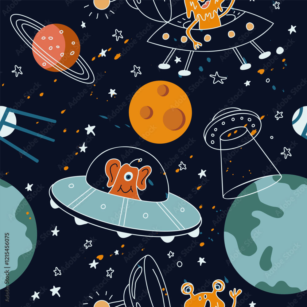 Hand drawn space elements seamless pattern. Space background. Doodle space illustration. Vector illustration. Seamless pattern with cartoon space planets, stars, rockets, ufo, comets, satellites