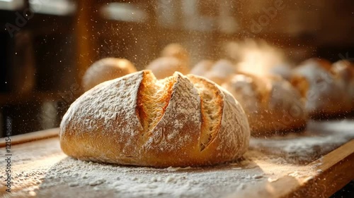 Freshly baked bread with flour dusting in warm bakery setting across three frames