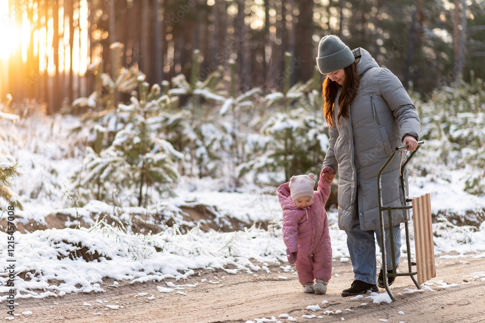 Mother walking in snowy forest with daughter in pink snowsuit and sled Mother walking in snowy forest with daughter in pink snowsuit and sled