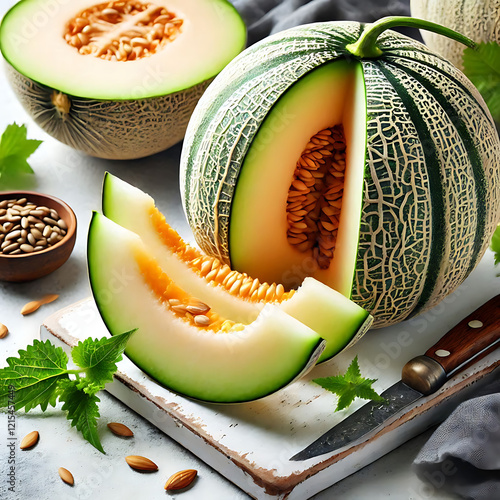 Green cantaloupe melon and leaves on isolated on white
 photo