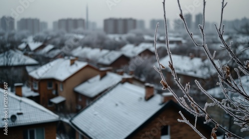 Frost-kissed rooftops under a leaden sky evoke the quiet stillness of an early winter morning in urban outskirts.