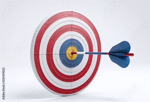 A dart perfectly hits the bullseye on a red, white, and blue target against a plain background, symbolizing precision and success. photo