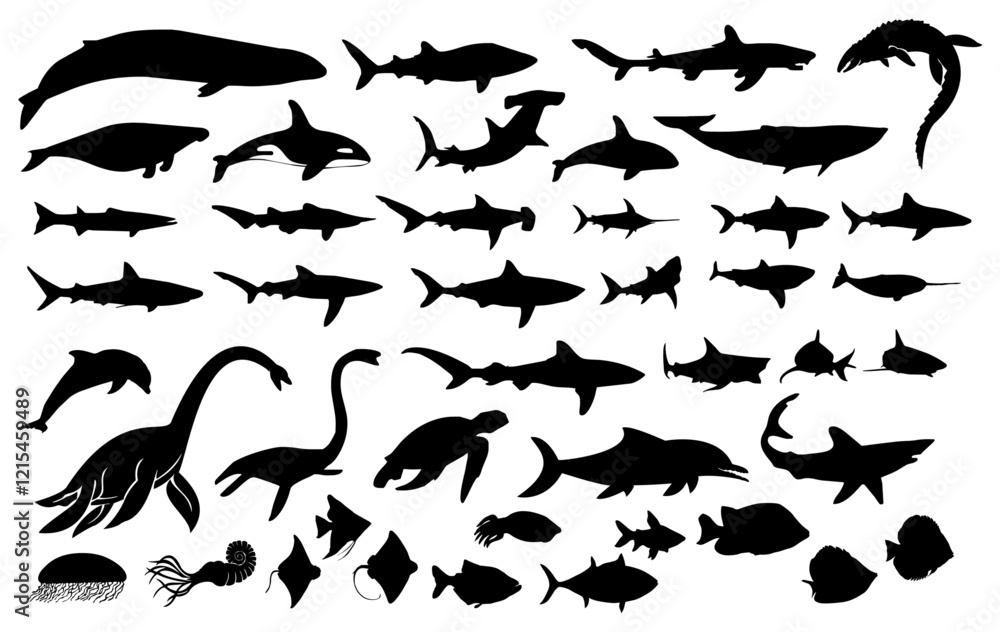 Marine Silhouette Symphony: A captivating assembly of black silhouettes showcasing the diverse marine life of the ocean, creating a dramatic and artistic visual.