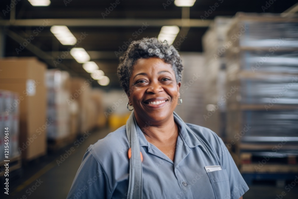 Fototapeta premium Portrait of a middle aged female African American warehouse worker
