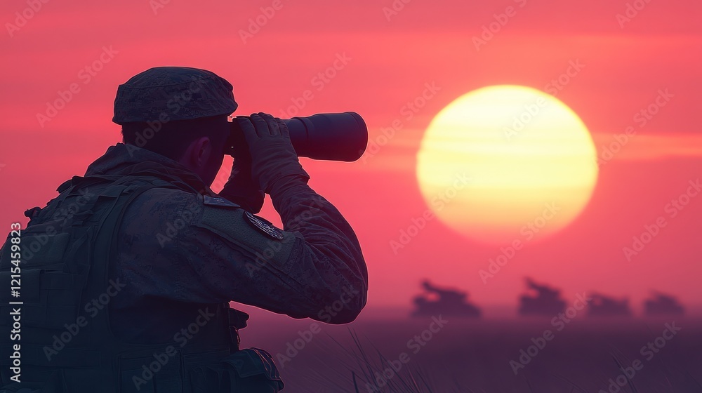Soldier sunset surveillance battlefield military spotting