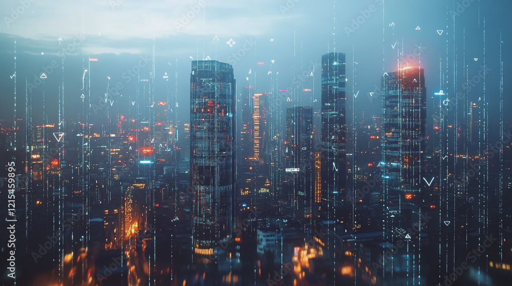 Obraz premium Smart digital Innovation city with connection network reciprocity over the twilight cityscape. of future smart wireless digital city and social media networking systems that connects people with city