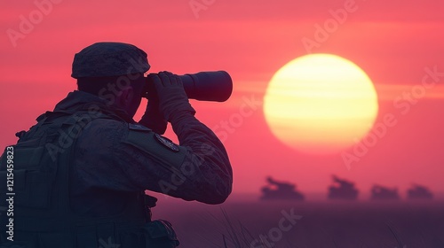 Obraz na płótnie Soldier sunset surveillance battlefield military spotting w salonie
