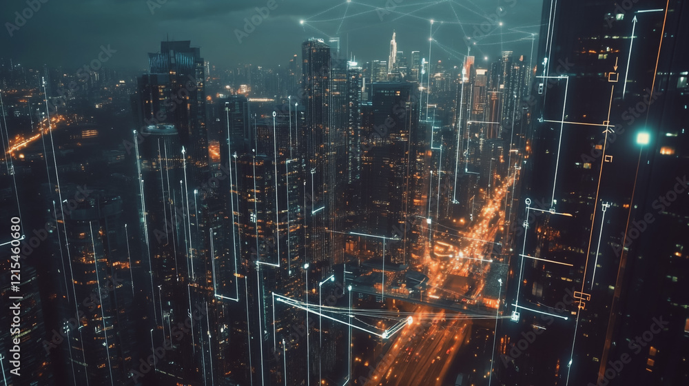 Smart digital Innovation city with connection network reciprocity over the twilight cityscape. of future smart wireless digital city and social media networking systems that connects people with city Smart digital Innovation city with connection network reciprocity over the twilight cityscape. of future smart wireless digital city and social media networking systems that connects people with city